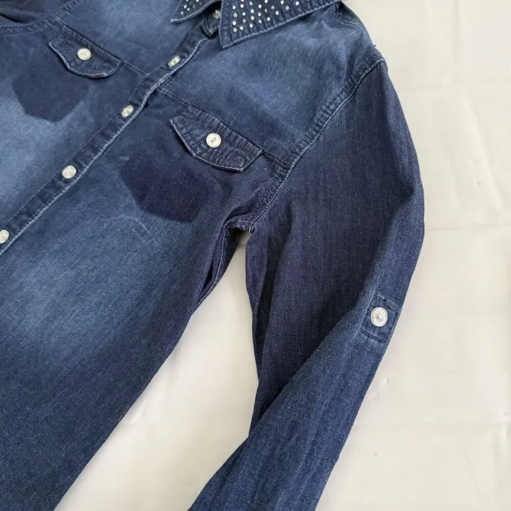 Justice Girls 12 Denim Button Down Shrit Western Rhinestone Sparkle Blue Country